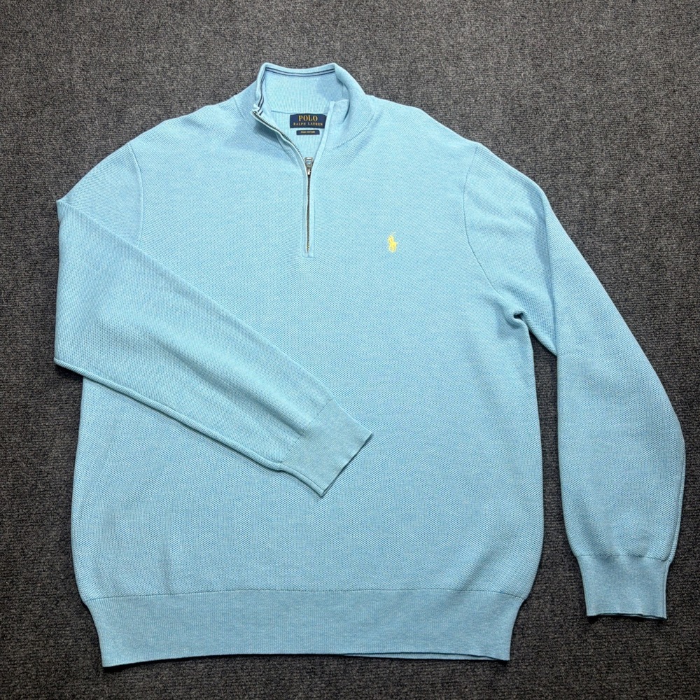 POLO RALPH LAUREN Sweater Mens XL 1/4 Zip Mock Neck Pullover Pima Cotton Blue - Picture 2 of 8